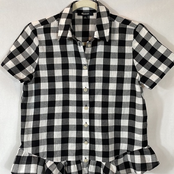 Madewell Top Short Sleeve Button-down XS Black and White Check - Picture 3 of 11